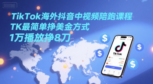 TikTok海外抖音中视频陪跑课程，TK最简单挣美金方式，1万播放挣8刀-副业心选