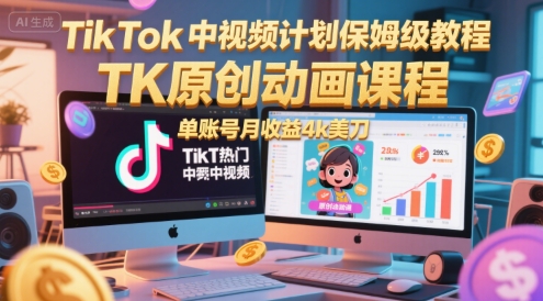 TikTok中视频计划保姆级教程，TK原创动画课程，单账号月收益4k美刀-副业心选