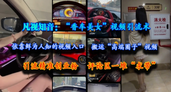 凡视知音：“香车美女”视频引流术，依靠鲜为人知的视频入口，搬运“高端圈子”视频，引流精准创业粉，评论区一堆“求带”-副业心选