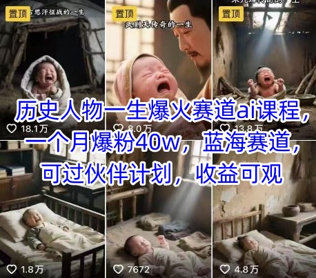 历史人物一生爆火赛道ai课程，一个月爆粉40w，蓝海赛道，可过伙伴计划，收益可观 - 副业心选-副业心选