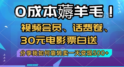 0成本薅羊毛!视频会员、话费卷、30元电影票白送，分享我如何靠转卖一天变现5张+【揭秘】 - 副业心选-副业心选