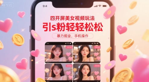 四开屏美女视频玩法，引s粉轻轻松松，暴力掘金，手机操作【揭秘】 - 副业心选-副业心选
