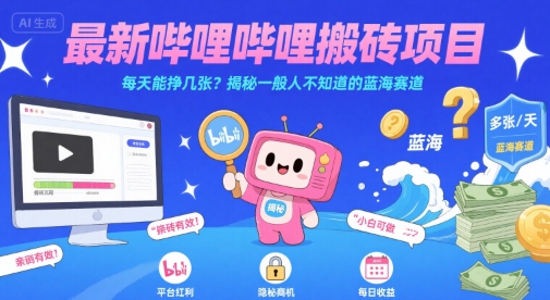 最新哔哩哔哩上B站搬砖项目，每天能挣几张？揭秘一般人不知道的蓝海赛道-副业心选