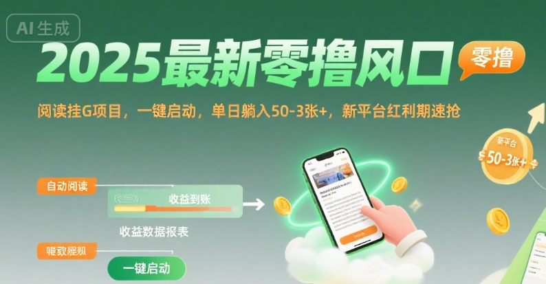 2025最新零撸风口，阅读挂G项目，一键启动，单日躺入 50-3张+，新平台红利期速抢【揭秘】-副业心选