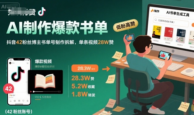 AI制作爆款书单，抖音42粉丝博主书单号制作拆解，单条视频28W赞-副业心选