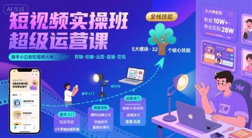 短视频实操班超级运营课，新手小白到短视频大神必修课程，剪辑-拍摄-运营-直播-变现-副业心选