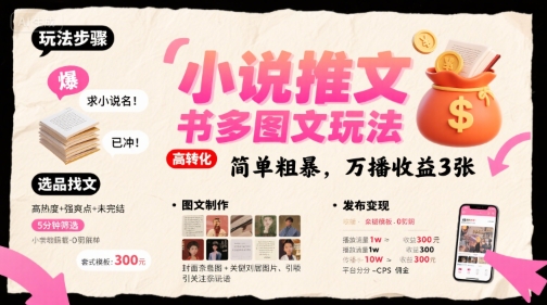 小说推文小红书多图文玩法，简单粗暴，万播收益3张 - 副业心选-副业心选
