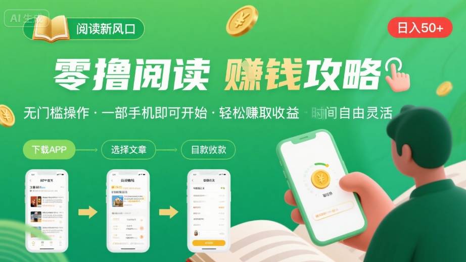 零撸阅读新风口，无门槛轻松挣，一部手机，日入 50-3张【揭秘】-副业心选