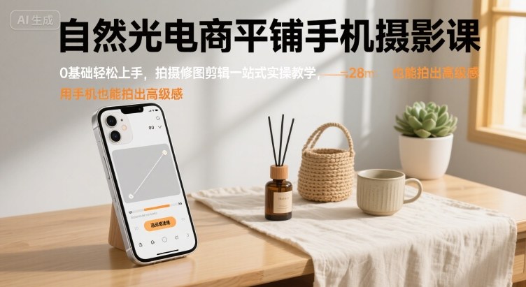 自然光电商平铺手机摄影课，0基础轻松上手，拍摄修图剪辑一站式实操教学，用手机也能拍出高级感-副业心选