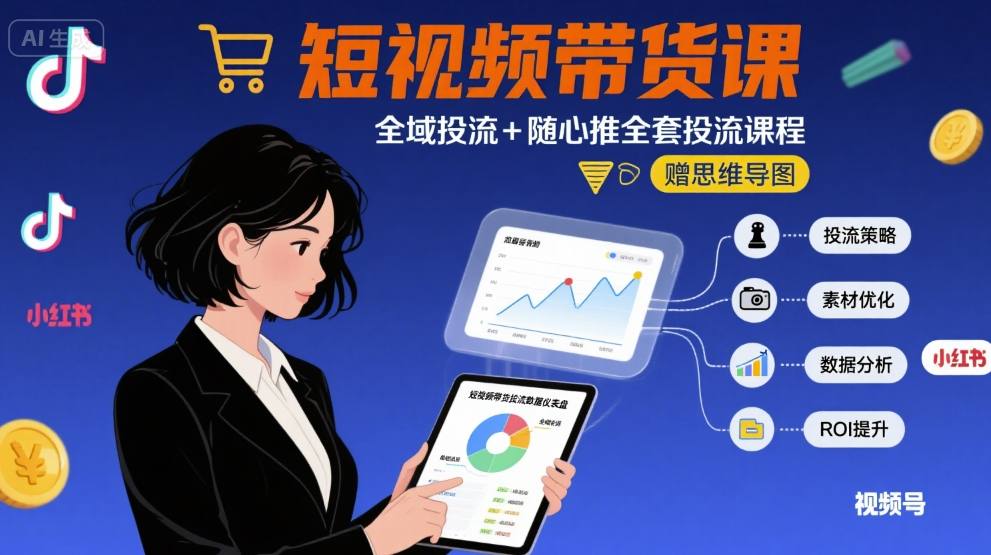 最新短视频带货课，全域投流+随心推全套投流课程+思维导图-副业心选