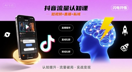 抖音流量认知课，短视频+直播+私域，认知提升，闪电开悟-副业心选