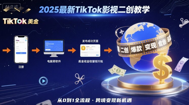 2025年最新TikTok影视二创教学，从注册到发布撸美金全流程，跨境变现新机遇-副业心选