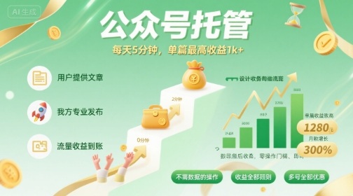 【公众号托管 】我提供文章，你发布，每天5分钟，单篇最高收益1k+【揭秘】-副业心选