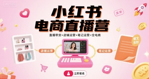 小红书电商直播营，直播带货+店铺运营+笔记运营=全电商-副业心选