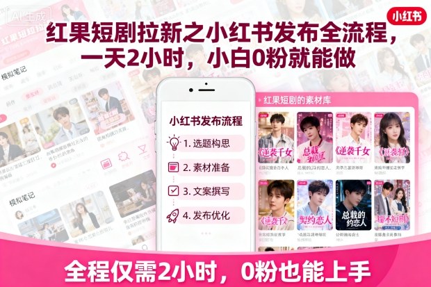 红果短剧拉新之小红书发布全流程，一天2小时，小白0粉就能做 - 副业心选-副业心选