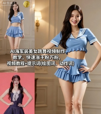 AI海军装美女跳舞视频制作教学，快速涨千粉万粉，视频教程+提示词(绘图词、动作词) - 副业心选-副业心选
