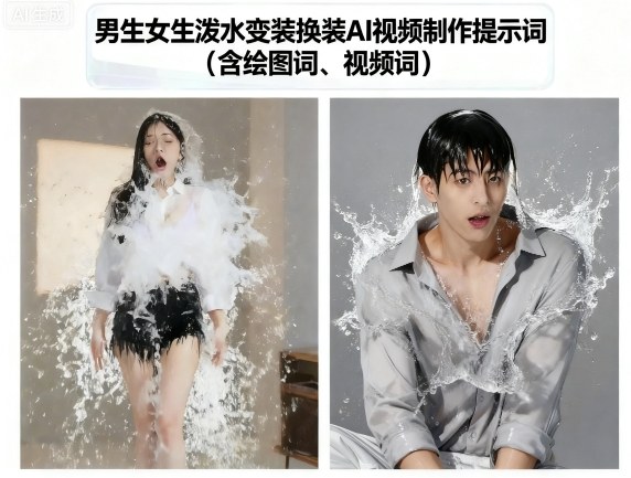 男生女生泼水变装换装AI视频制作提示词(含绘图词、视频词)-副业心选