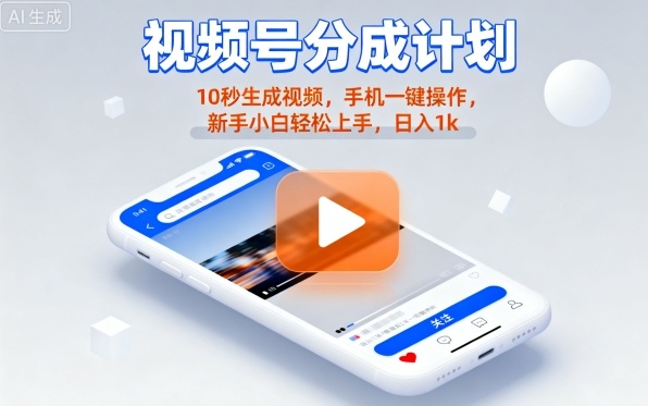 视频号分成计划懒人玩法，10秒生成视频，手机一键操作，新手小白轻松上手，日入1K【揭秘】 - 副业心选-副业心选