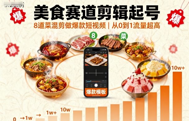 美食赛道剪辑起号，8道菜混剪做爆款短视频，从0到1，流量超高-副业心选