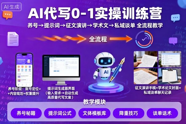 AI代写0-1实操训练营，从养号、提示词、征文演讲、学术文，到私域谈单的全流程教学 - 副业心选-副业心选