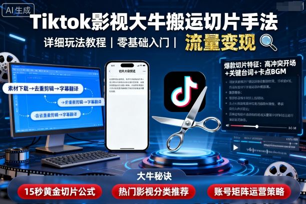 Tiktok影视大牛搬运切片手法，详细玩法教程-副业心选