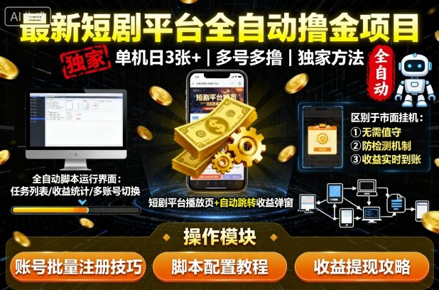 最新短剧平台全自动挂G撸金项目，单机一天3张+，多号多撸，区别于市面所有挂机项目，独家方法【揭秘】-副业心选