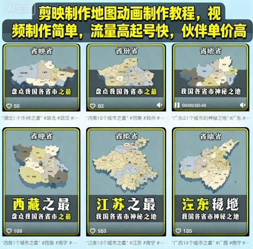 剪映制作地图动画制作教程，视频制作简单，流量高起号快，伙伴单价高-副业心选