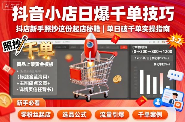 抖音小店日爆千单技巧，抖店新手照抄这份起店秘籍，单日破千单-副业心选