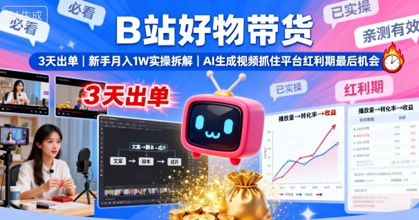 B站好物带货，3天出单，新手月入1W实操拆解，AI生成视频，抓住平台红利期最后机会 - 副业心选-副业心选