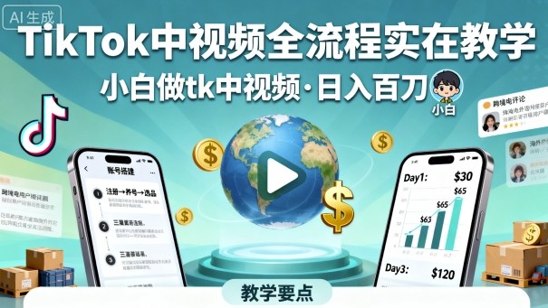 TikTok中视频全流程实操教学，小白做tk中视频，日入百刀-副业心选