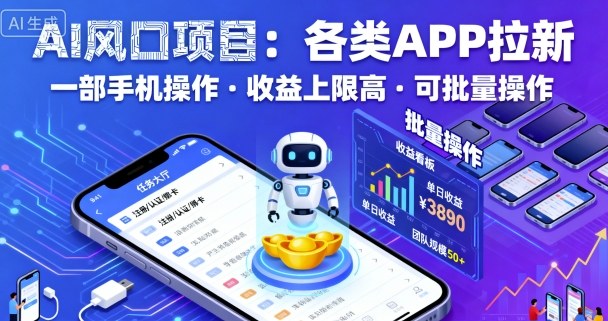 AI风口项目，各类APP拉新，一部手机就可以操作，收益上限高，可批量操作-副业心选