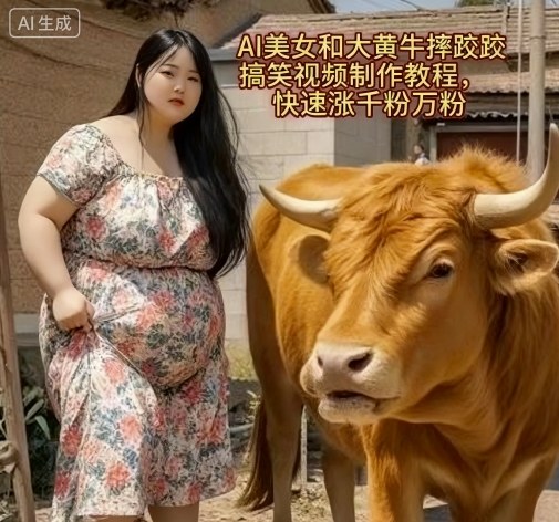 AI美女和大黄牛摔跤搞笑荒诞视频制作教程，快速涨千粉万粉 - 副业心选-副业心选