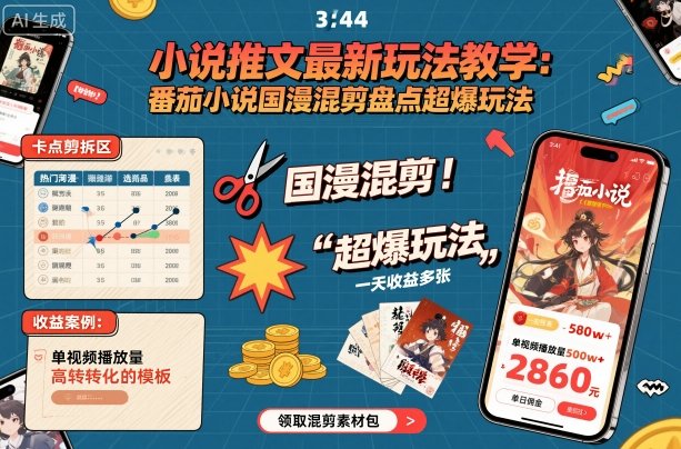 小说推文最新玩法教学，番茄小说国漫混剪盘点超爆玩法，全程干货，一天收益多张-副业心选