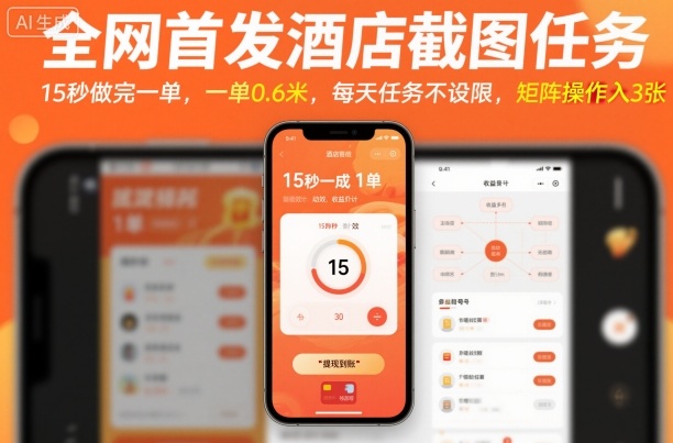 全网首发酒店截图任务，15秒做完一单，一单0.6米，每天任务不设限，矩阵操作日入3张【揭秘】-副业心选