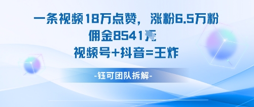 一条视频18W点赞，涨粉6.5W粉佣金8541米，视频号+抖音=王炸 - 副业心选-副业心选