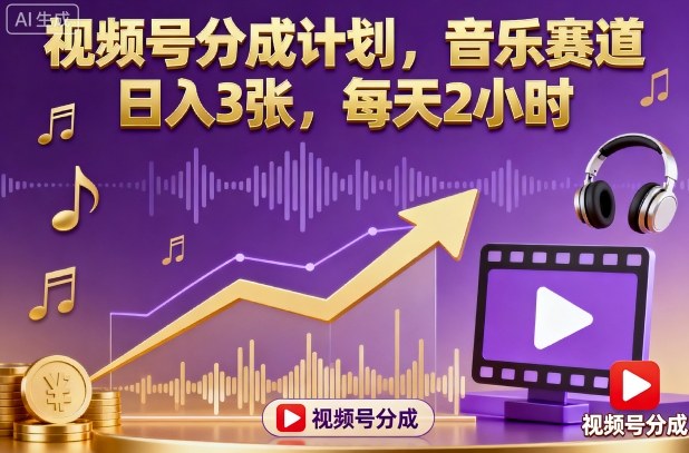 视频号分成计划，音乐赛道，日入3张，每天2小时-副业心选