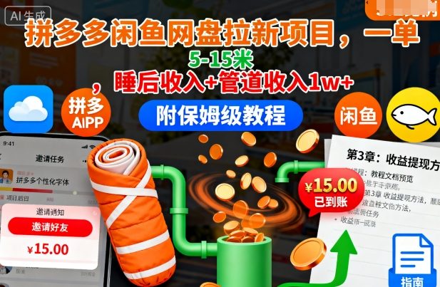 拼多多闲鱼网盘拉新项目，一单5-15米，睡后收入+管道收入1w+(附保姆级教程)-副业心选