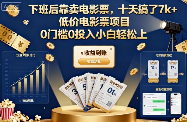 下班后靠卖电影票，十天搞了7k+，低价电影票项目，0门槛0投入小白轻松上手【揭秘】-副业心选