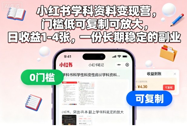 小红书学科资料变现营，门槛低可复制可放大，日收益1-4张，一份长期稳定的副业 - 副业心选-副业心选