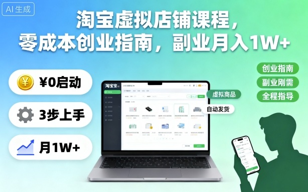 淘宝虚拟店铺课程，零成本创业指南，副业月入1W+-副业心选