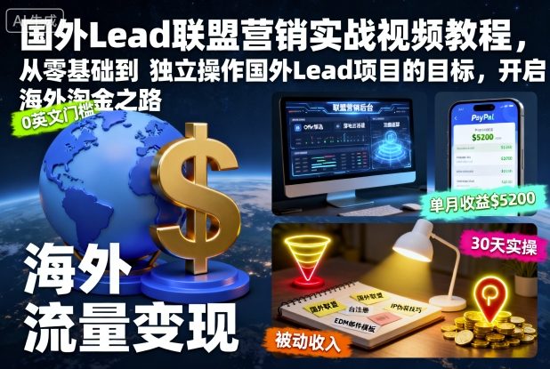 国外Lead联盟营销实战视频教程，从零基础到独立操作国外Lead项目的目标，开启海外淘金之路-副业心选