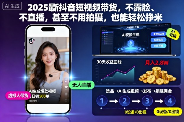 2025最新抖音短视频带货，不露脸、不直播，甚至不用拍摄，也能轻松挣米-副业心选