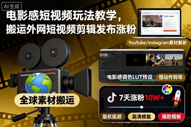 电影感短视频玩法教学，搬运外网短视频剪辑发布涨粉-副业心选