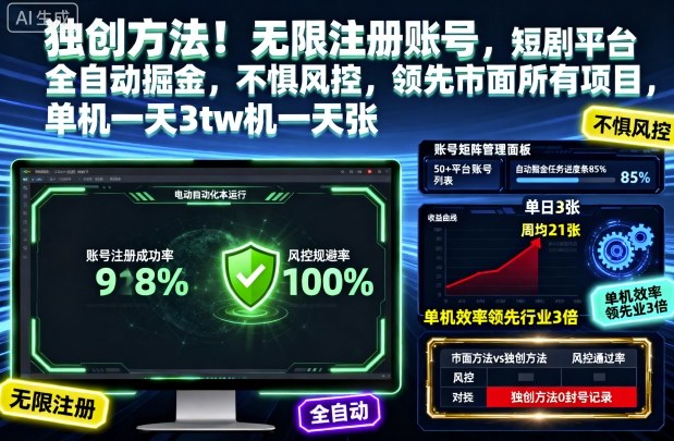 独创方法！无限注册账号，短剧平台全自动掘金，不惧风控，领先市面所有项目，单机一天3张【揭秘】-副业心选