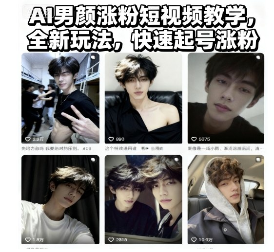 AI男颜涨粉短视频教学，全新玩法，快速起号涨粉-副业心选