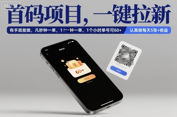 首码项目，一键拉新，有手就能做，几秒钟一单，1个小时单号可60+，认真做每天5张+收益【揭秘】-副业心选