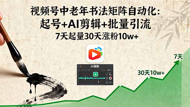 视频号中老年书法矩阵自动化：起号+AI剪辑+批量引流 7天起量30天涨粉10w+ - 副业心选-副业心选