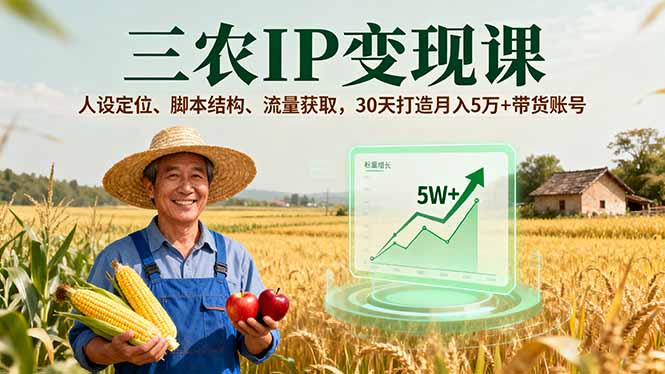 三农IP变现课，人设定位、脚本结构、流量获取，30天打造月入5万+带货账号-副业心选