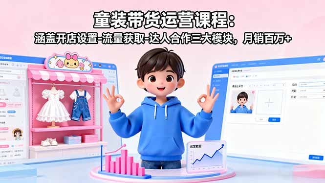 童装带货运营课程：涵盖开店设置-流量获取-达人合作三大模块，月销百万+-副业心选