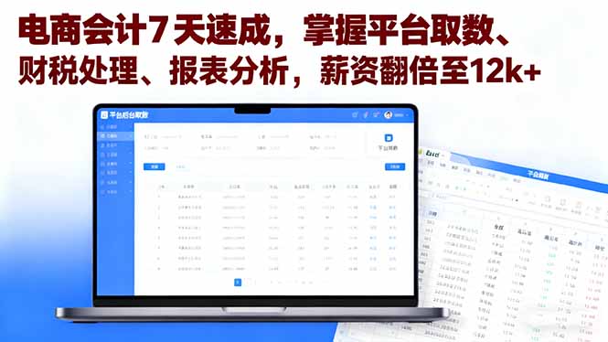 电商会计7天速成，掌握平台取数、财税处理、报表分析，薪资翻倍至12k+-副业心选